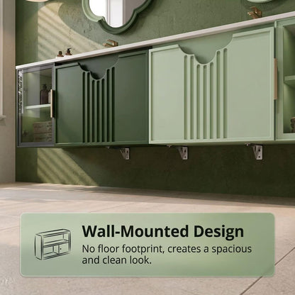 60"-96"Sage Green Floating Bathroom Vanity with Double Sinks & Scalloped Mirrors
