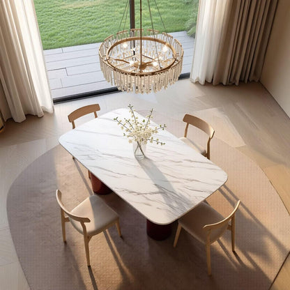 60"-80"Modern Rectangular Dining Table, White Marble Top with Glossy Red Cylindrical Base