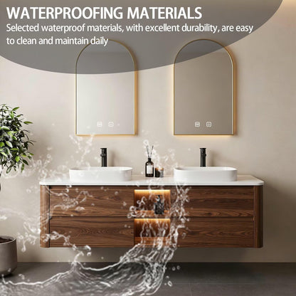 60”-84”Double Sink Floating Bathroom Vanity with Gold Arch LED Mirrors, Walnut Wood Cabinet