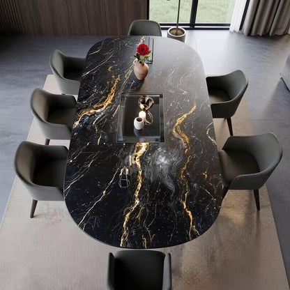 60"-80"Oval Black & Gold Marble Dining Table Set with 8 Chairs, Modern Luxury for Dining Room