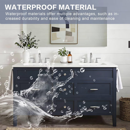 60”-84”Double Sink Freestanding Bathroom Vanity with White Top, Navy Blue Wood Vanity with Storage Drawers & Large Mirror