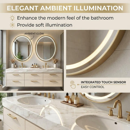 60"-84"Luxury Wall-Mounted Double Sink Vanity with LED Oval Mirrors & Gold Handles