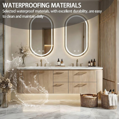 60"-84"Floating Oak Bathroom Vanity with Double Sinks & LED Oval Mirrors