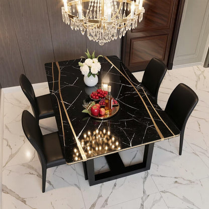 56"-96"Luxury Black Marble Dining Table with Gold Inlay & Sturdy Black Wood Base for Dining Room