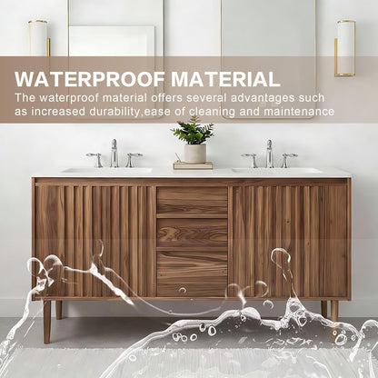 60”-84”Double Sink Freestanding Bathroom Vanity with 2 LED Mirrors, Walnut Wood Vanity with Fluted Panels & White Marble Top