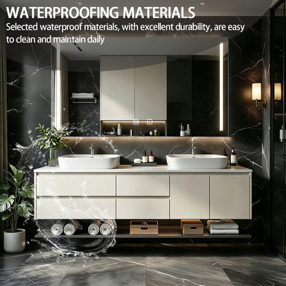 60”-84”Double Sink Floating Bathroom Vanity with LED Mirror Cabinet, Off-White Modern Cabinet