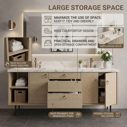 60"-96"Modern Light Oak Floating Bathroom Vanity with Double Sinks & Marble Top