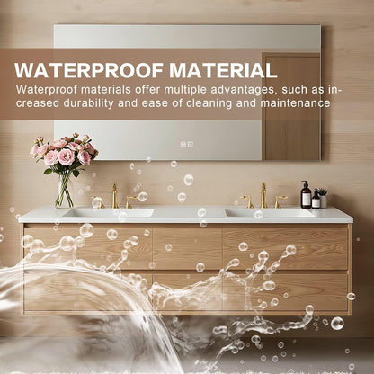 60”-84” Floating Double Sink Bathroom Vanity with LED Defog Mirror, Wall Mounted Oak Wood Vanity with Storage Drawers