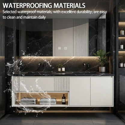 60”-84”Double Sink Floating Bathroom Vanity with LED Backlit Mirror, Off-White Fluted Cabinet