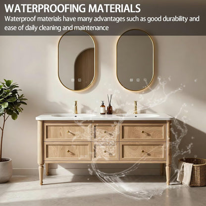 60"-84"Modern Light Oak Bathroom Vanity Set with Gold Hardware & White Top