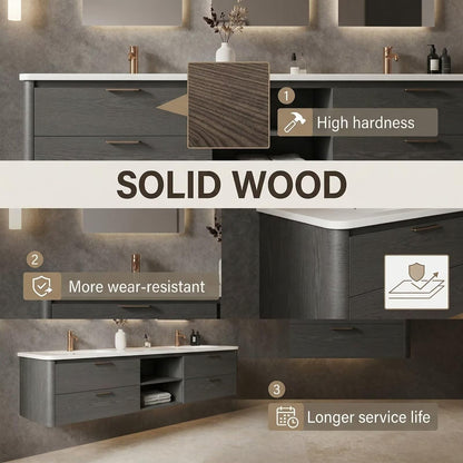 60"-96"Gray Floating Bathroom Vanity with Double Sinks & LED Arched Mirrors