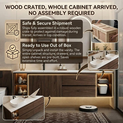 60"-96"Dark Walnut Floating Bathroom Vanity with LED Arched Mirrors & Open Shelves