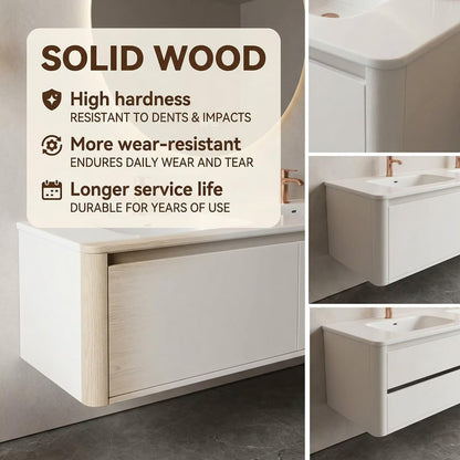 60"-84"Modern Floating Bathroom Vanity Set with LED Round Mirror & Rose Gold Handles