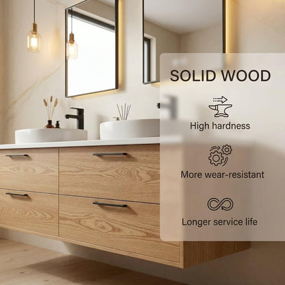 60"-84"Light Oak Floating Bathroom Vanity Set with LED Mirrors & Black Handles