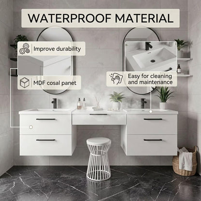 60"-84"Wall Mounted White Bathroom Vanity with Double Sinks & Integrated Makeup Station