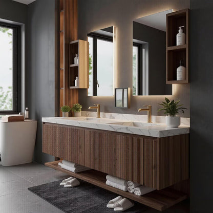 60”-96”Modern Double Sink Vanity with Walnut Fluted Cabinet & Open Towel Shelf