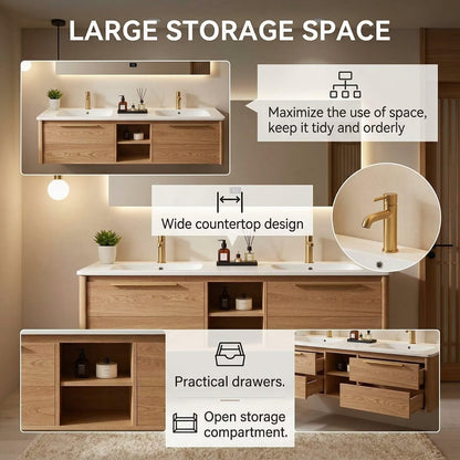 60“-84“Floating Oak Bathroom Vanity with Double Sinks, LED Mirror & Storage