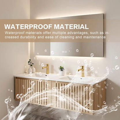 60”-84” Double Sink Floating Bathroom Vanity with LED Backlit Mirror, Wall Mounted Fluted Oak Vanity with White Top & Gold Faucets