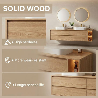 60"-96"Modern Oak Floating Bathroom Vanity with Double Vessel Sinks & LED Side Shelves