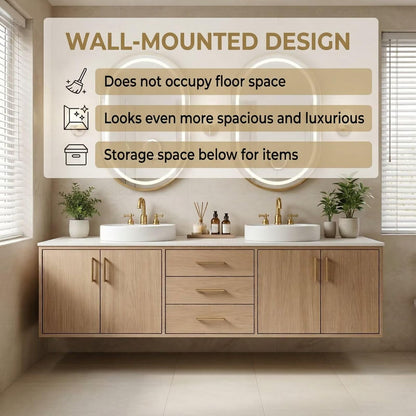 60"-96"Freestanding Oak Bathroom Vanity with Double Vessel Sinks & LED Oval Mirrors