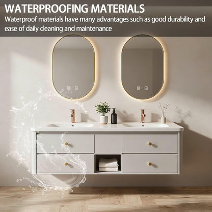 60”-84”Floating Vanity, Modern White Wall Mounted Bathroom Cabinet with Gold Trim Mirror