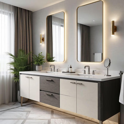 60"-96"Modern Two-Tone Bathroom Vanity with Double Sinks & Marble Top, Gold Accents