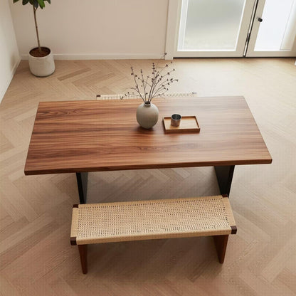 60"-80"Rectangular Walnut Dining Table with Black Metal Legs & Woven Bench, Mid-Century Style