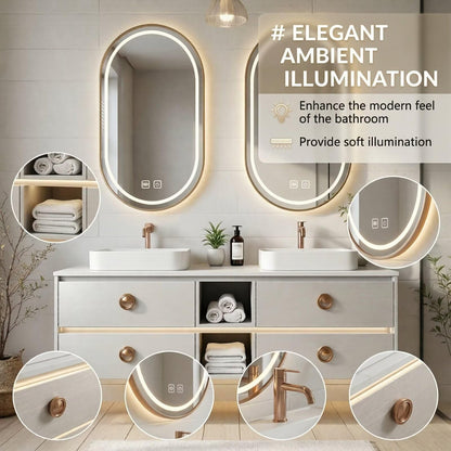 60"-96"White Floating Bathroom Vanity with Double Vessel Sinks & LED Oval Mirrors