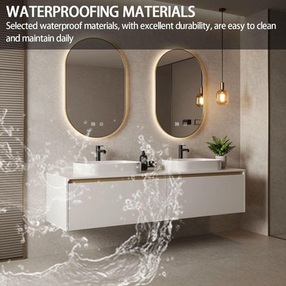 60”-78”Double Vanity, White Floating Cabinet with Gold Trim Oval LED Mirrors
