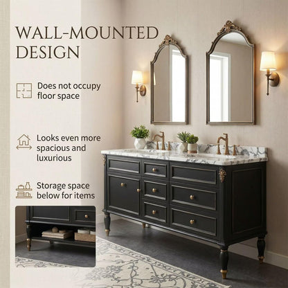 60"-96"Black Double Sink Bathroom Vanity with Marble Top & Gold Accents