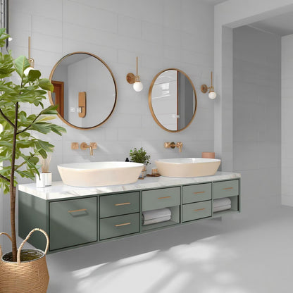 60"-96"Sage Green Floating Bathroom Vanity with Marble Top & Gold Round Mirrors