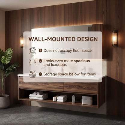 60"-96"Walnut Floating Double Bathroom Vanity with LED Medicine Cabinet & Open Shelf