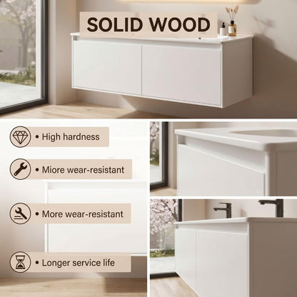 60"-96"White Floating Double Bathroom Vanity with Integrated Sinks & LED Backlit Mirror