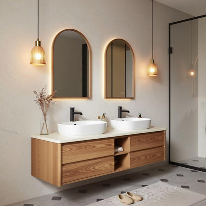60"-96"Wall-Mounted Oak Bathroom Vanity with Double Sinks & LED Backlit Mirror