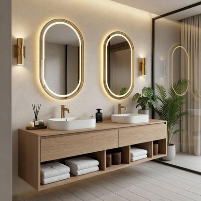 60“-96”Modern oak bathroom vanity with double vessel sinks, wall-mounted storage cabinet