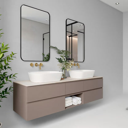 60"-96"Modern Taupe Bathroom Vanity with Open Shelf, Double Sinks & Gold Hardware