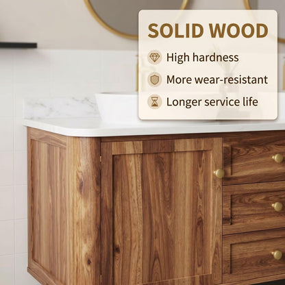 60"-96"Wood Freestanding Double Bathroom Vanity with White Top & Gold Oval LED Mirrors