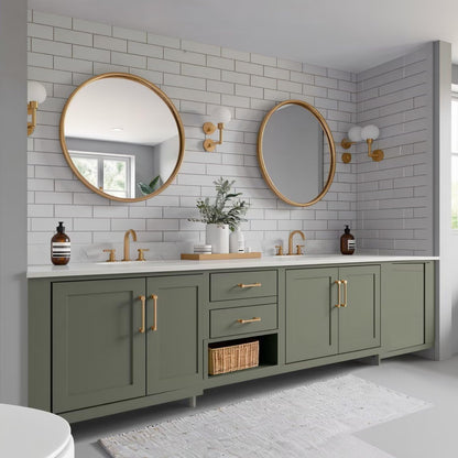 60"-96"Contemporary Sage Green Vanity with Gold Trim, Drawers & Open Shelf