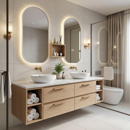 60“-96”Contemporary Oak Bathroom Vanity with Marble Countertop & LED Backlit Mirrors