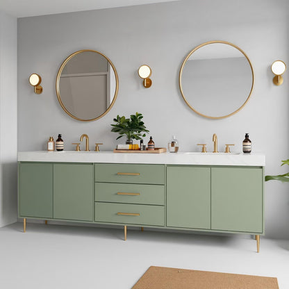 60"-96"Modern Green Bathroom Vanity with Gold Hardware & Round Gold Frame Mirrors