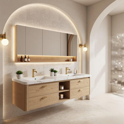 60"-96"Floating Oak Double Bathroom Vanity with Marble Countertop & LED Mirror Cabinet