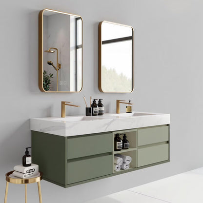 60"-96"Modern Sage Green Bathroom Vanity with Marble Top & Gold LED Mirrors