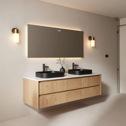 60"-96"Light Oak Bathroom Vanity with Double Sink & Wall-Mounted Drawers