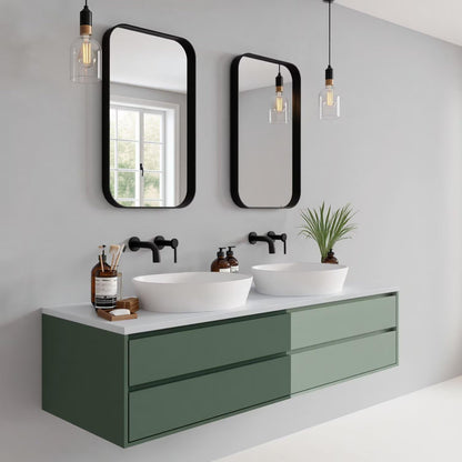 60"-96"Sage Green Floating Bathroom Vanity with Double Sinks & Black Framed Mirrors