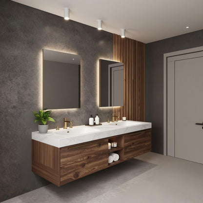 60"-96"Modern Wood Floating Bathroom Vanity with Double Sinks, Marble Countertop & LED Mirrors