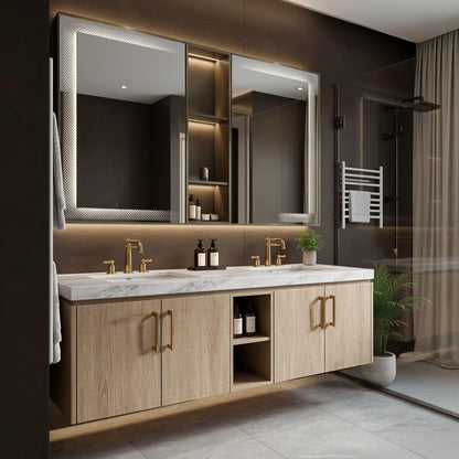 60"-96"Modern Light Wood Floating Vanity with Double Sinks & LED Lighted Mirror Cabinet
