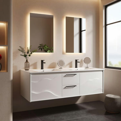 60"-96"Modern White Floating Bathroom Vanity with Double Sinks & LED Lighted Mirrors