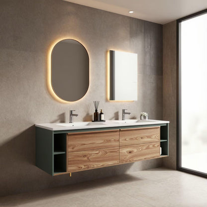 60"-96"Contemporary Floating Bathroom Vanity, Double Sink with Open Side Cabinets