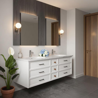 60"-96"Modern White Floating Bathroom Vanity with Double Sinks & Marble Countertop