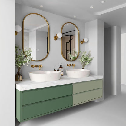 60"-96"Modern Green Bathroom Vanity with White Marble Top & Oval Gold Frame Mirrors